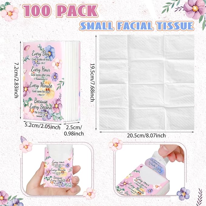 Therwen 100 Pack Pocket Tissues Travel Packs Bulk 1000 Sheet Mini Tissues Bulk 3 Ply Small Travel Size Paper Individual Pocket Size (Floral)