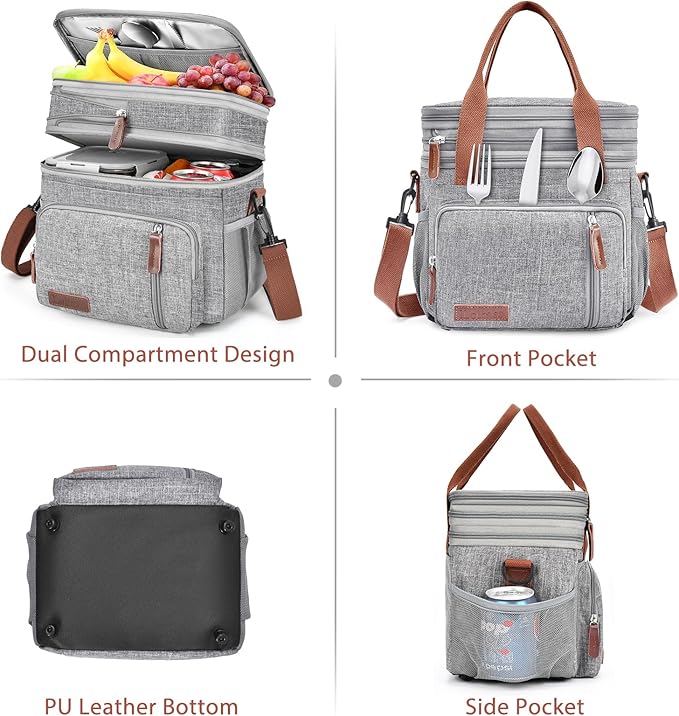 LOKASS Lunch Box for Women, 16L, Double Deck Expandable Insulated Lunch box For Adults/Women Thermal Large Waterproof Leakproof Cooler Bag with Shoulder Strap - Grey
