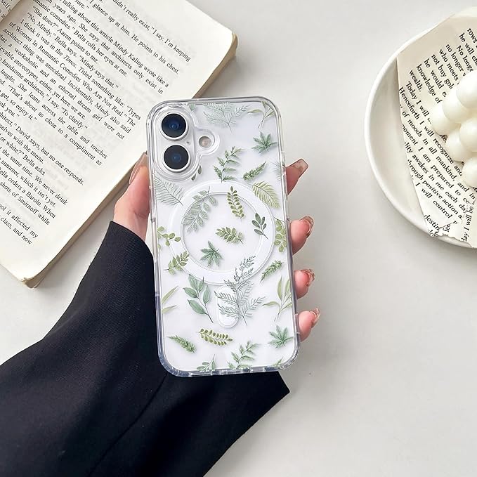 ZTOFERA for iPhone 17 Magnetic Case Compatible with Magsafe,Aesthetic Floral Pattern Design Cute for Girl Women,Anti-Drop Protective Hard Phone Cover for iPhone 17-Green Leaf