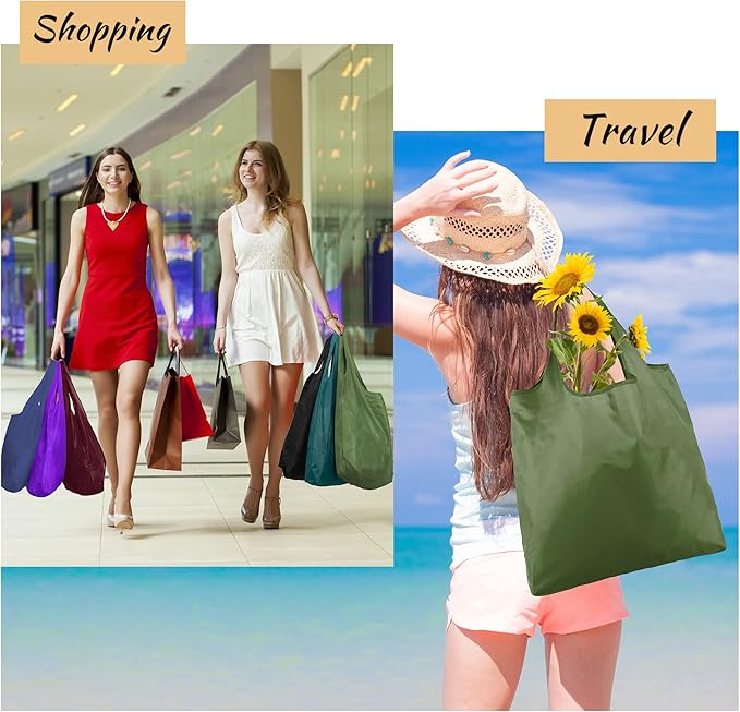 BeeGreen Reusable Grocery Bags Heavy Duty Extra Large 6 Pack Foldable Tote Bag - Cloth Grocery Bags Machine Washable Polyester Fabrics Bulk Shopping Bag - Reusable Gifts for Women (Green Black)