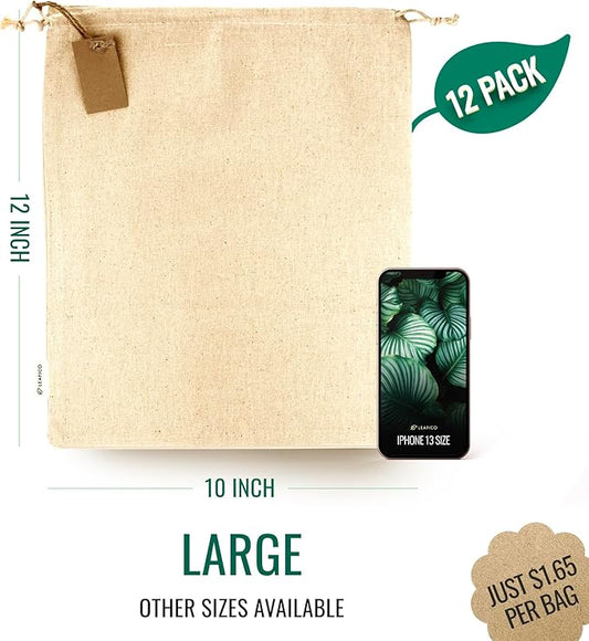 LEAFICO Multipurpose Eco Cloth Bags - Large 10x12 Inch (12 Pack) - Cotton Produce Storage Sacks - Muslin Drawstring Pouches for Vegetables - Bread Bags - Linen Fabric Sachets
