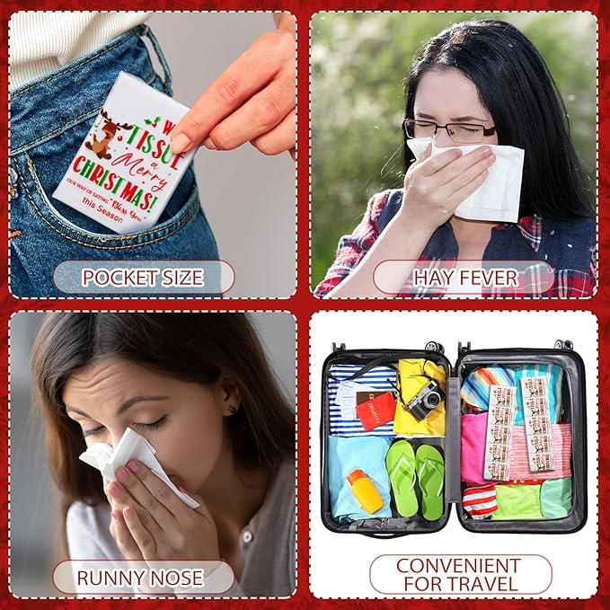 Ctosree 50 Pack Christmas Pocket Tissues Reindeer Travel Packs Bulk 500 Sheet Xmas Small Individual Tissues Pocket Packs 3 Ply Mini Travel Size for School Camping