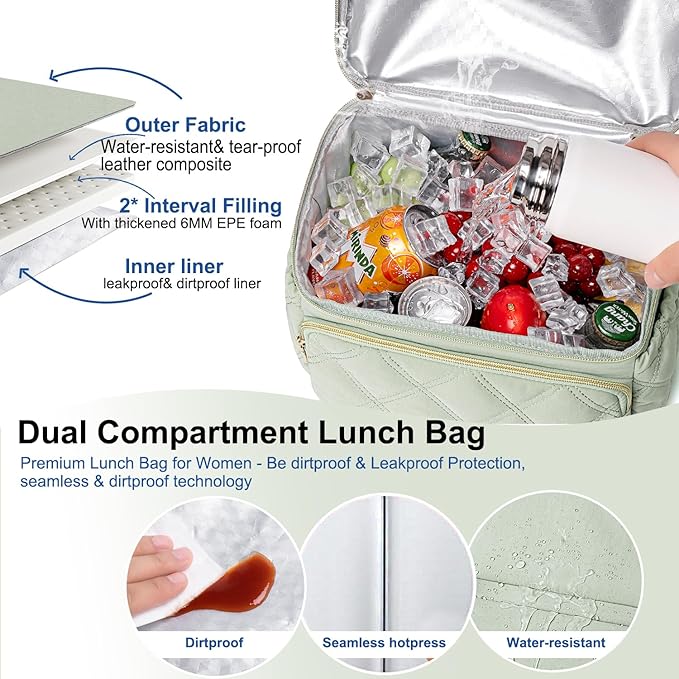 Weitars Lunch Bag for Women Men,Double Deck Lunch Box for Women,Quilted Lunch Tote for Work,Insulated Lunch Cooler Leakproof Lunchbox for Adult with Shoulder Strap &Pockets for Picnic Hiking (Green)