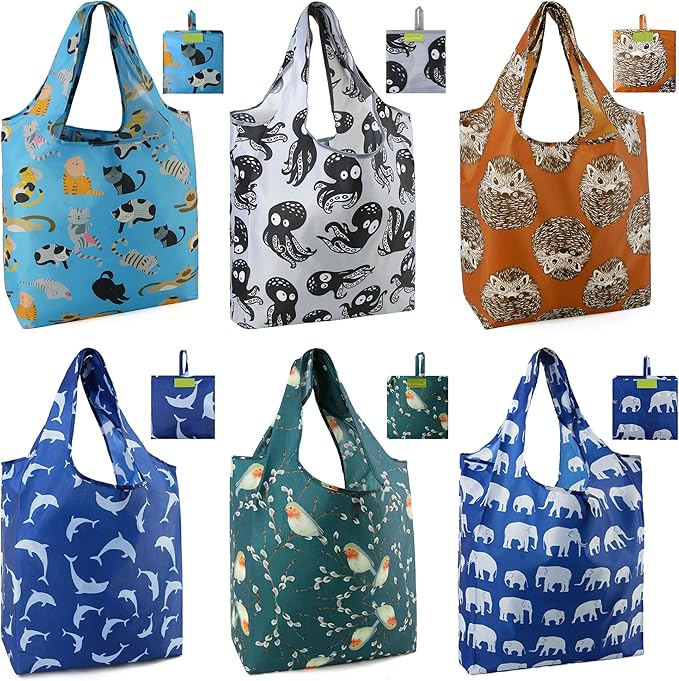 BeeGreen Animal Lover Reusable Grocery Bags | Foldable Tote Bags with Handles, Reusable Gift Bulk 6 Set for Women, Heavy Duty Washable Polyester Travel & Shopping Basket.