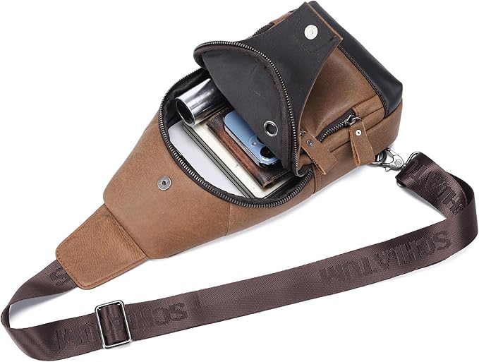 LUKZIJAES Genuine Leather Sling Bag for Men Crossbody Bags Man Shoulder Chest Pack Hiking Casual Daypack Outdoor Travel Backpack (#1-Brown)