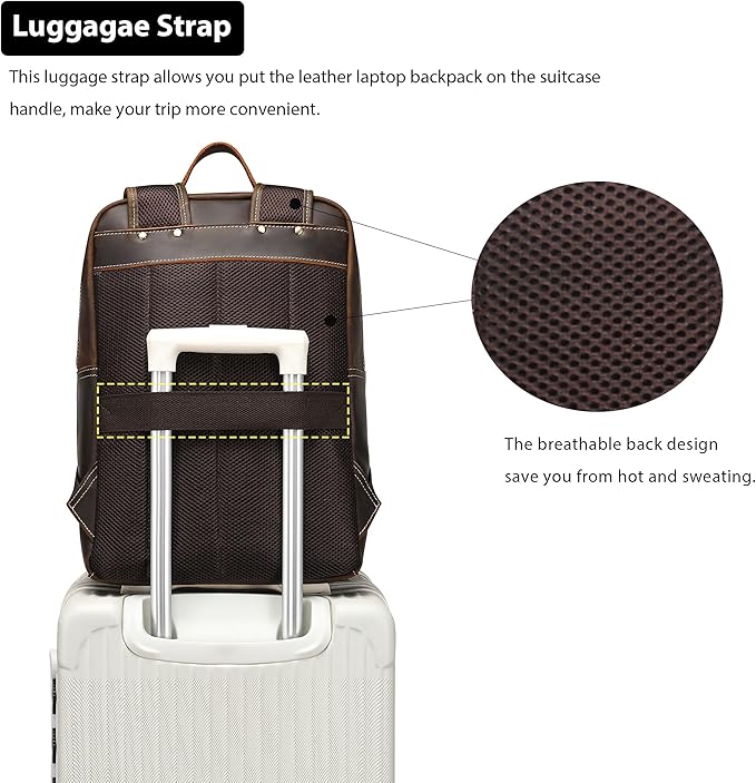 LANNSYNE Vintage Genuine Leather Backpack For Men Fits up to 16" Laptop Travel Hiking Rucksack