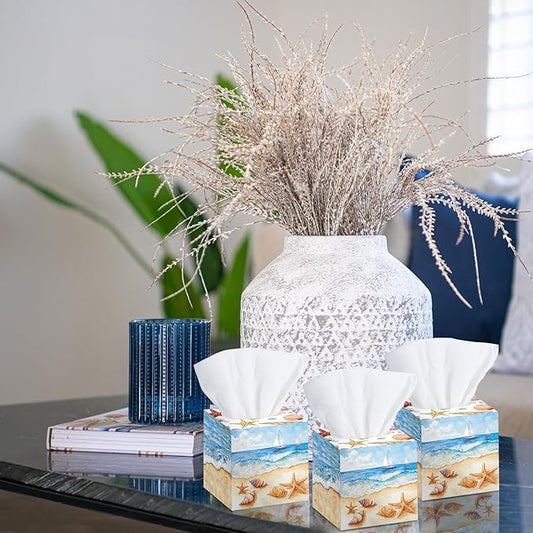 12 Pack Summer Ocean Shells Facial Tissues Cube Boxes 600 Sheets 3 Ply Small Sea Face Tissues Bulk for Summer Car Bedroom Supplies