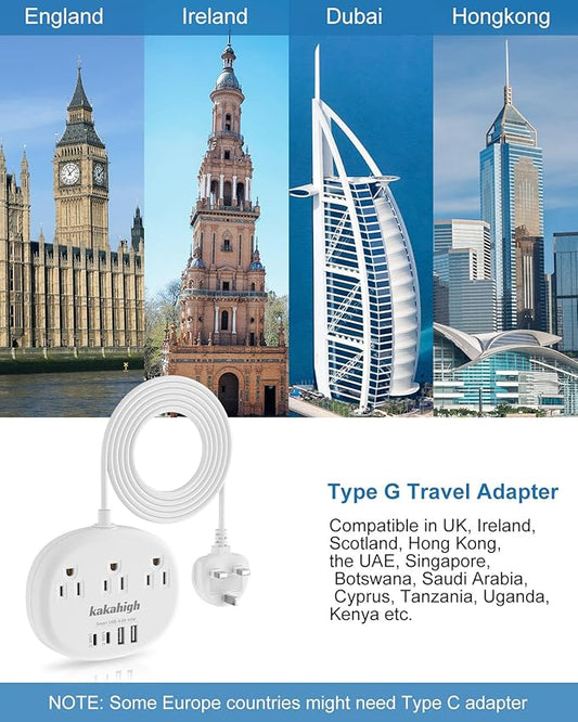 UK Adapters for Travel(13A), US to UK Plug Adapter with 3 Outlets 4 USB Ports (2 USB-C) Total Output 24W, Type G Travel Adapter for USA to British Ireland Scotland Hong Kong