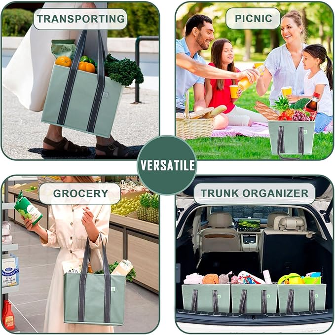 VENO 3 Pack Reusable Grocery Bags, Shopping Bags for groceries, Utility Tote with Handles and Hard Bottom, Foldable Shopping Cart Organizer, Water Resistant, Heavy-Duty (Light Green, 6 Gallon)