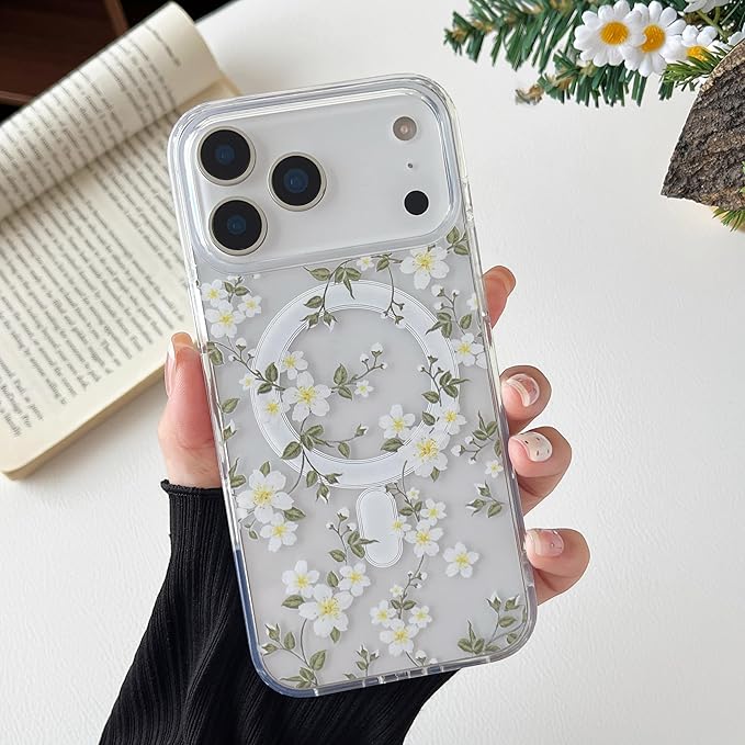 ZTOFERA for iPhone 17 Pro Magnetic Case Compatible with Magsafe,Aesthetic Floral Pattern Design Cute for Girl Women,Anti-Drop Protective Hard Phone Cover for iPhone 17 Pro-Big White Flower