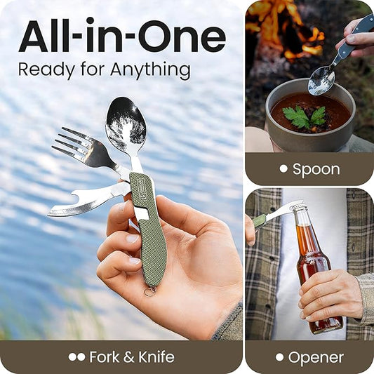 Orblue 4-in-1 Camping Utensils, 1-Pack, Portable Stainless Steel Spoon, Fork, Knife & Bottle Opener Combo Set - Travel, Backpacking Cutlery Multitool Olive Green