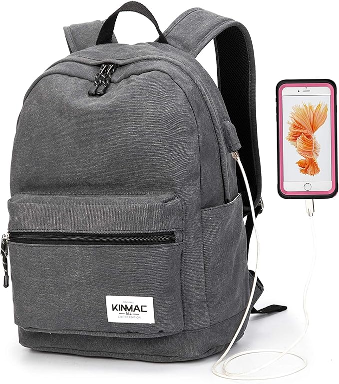 Kinmac Grey Canvas 15 inch Waterproof Laptop Travel Outdoor Backpack with USB Charging Port for 13 inch 14 inch and 15.6 inch Laptop