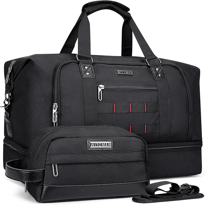 WITZMAN Travel Duffle Bags for Men Weekender Bags with Toiletry Bag Sets Carry On Overnight Bag 55L (B696 Black)