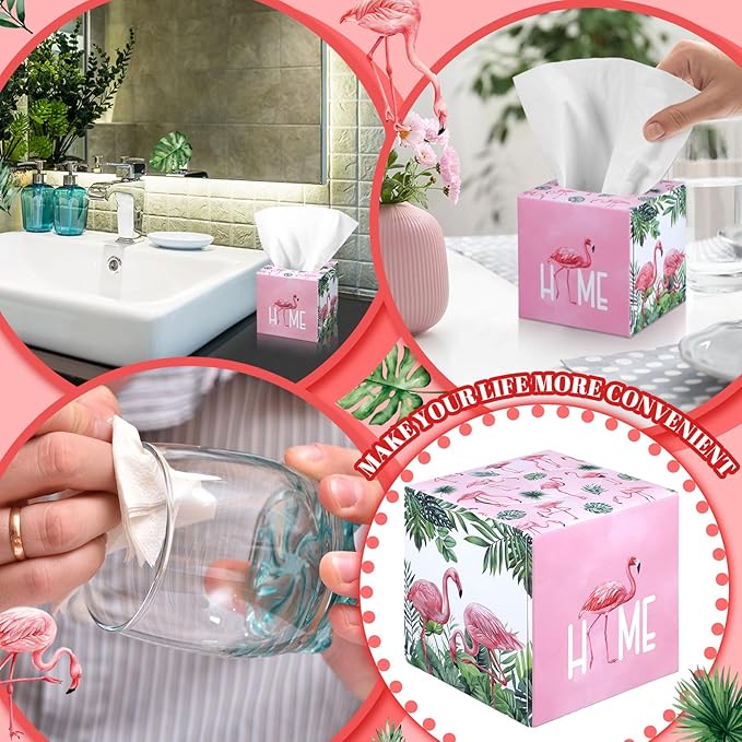 12 Pack Summer Flamingo Facial Tissues Cube Face Boxes 600 Sheets 3 Ply Small Pink Flamingo Square Tissues Bulk for Summer Tropical Hawaii Car Bedroom Party Supplies
