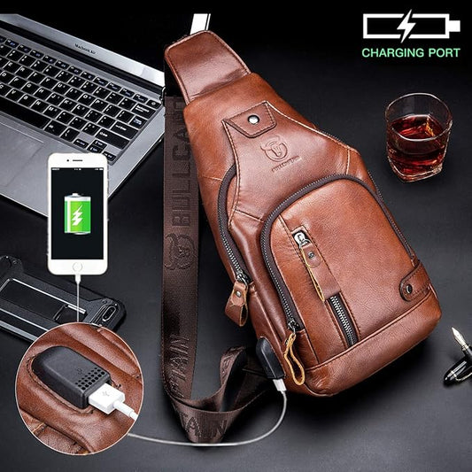 BULLCAPTAIN Genuine Leather Sling Bag with USB Charging Port Multi-pocket Chest Bag for Men Hiking Travel Daypack XB-129