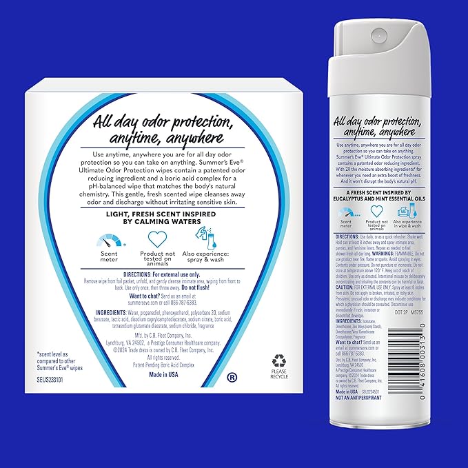 Summer's Eve Ultimate Odor Control Feminine Spray, 2 oz & Wipes with Boric Acid, 12 ct