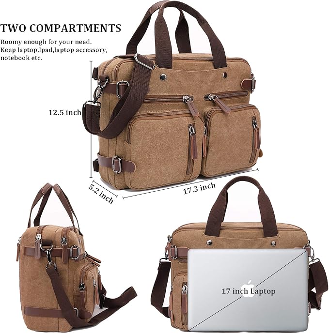 3 in 1 Convertible Laptop Backpack, 17.3 inch Messenger Bag for Men, Multi-Functional Travel Laptop Bag for College Men Women (17.3 Inch, Coffee)
