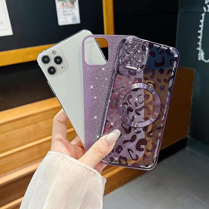 for iPhone 11 Pro Max Case Magnetic,Soft Cute Luxury Leopard Cheetah Pattern Plating Glitter Bling Phone Case Compatible with MagSafe Clear Shockproof Back Cover for Women Girl 6.5"-Purple