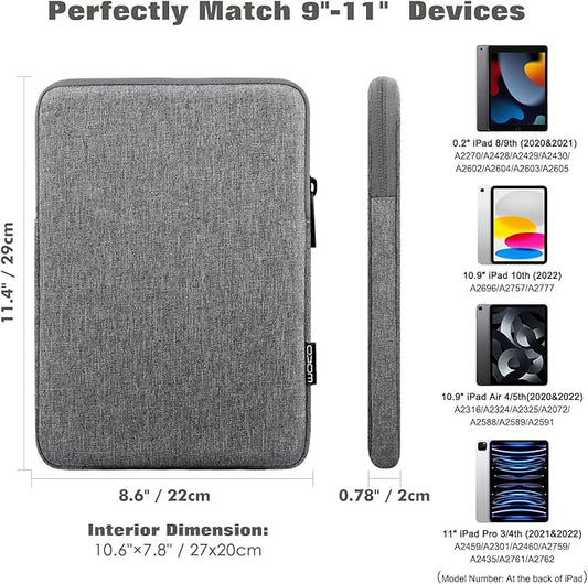 MoKo 9-11 Inch Tablet Sleeve Bag Carrying Case Fits New 11inch iPad Air M3, iPad A16 2025, iPad Pro 11 M4, Air 5/4/3, iPad 10/9/8th Gen, Tab S8/S9 11", Light Gray