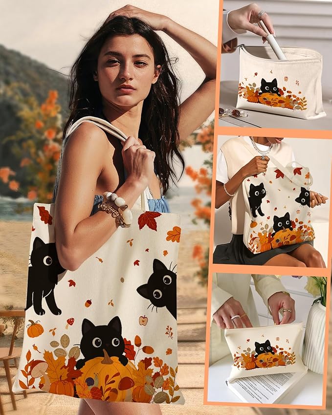 2 Pack Canvas Tote Bag - with Makeup Pouch Aesthetic Cute Women Reusable Canvas Bag for Shopping, Work, Travel