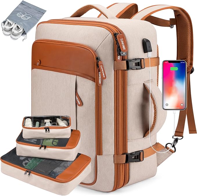 Carry on Travel Backpacks, Extra Large 40L Flight Approved Bag for Men & Women,Expandable Suitcase Backpack With 4 Packing Cubes,Water Resistant Luggage Daypack Business Weekender Bag,Beige