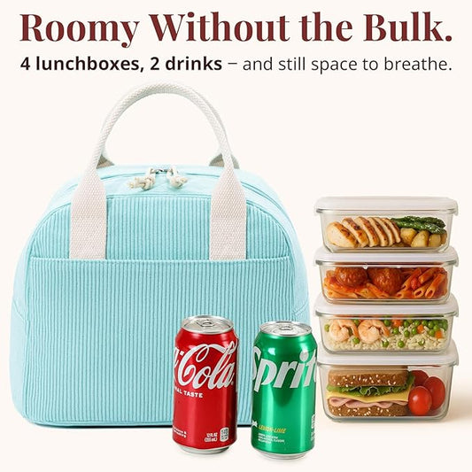 Insulated Lunch Bag for Women Men, Stylish Corduroy Tote Bag with Aluminum Lining, Large Capacity Reusable Cooler for Work, Travel, or Beach, Mint Blue Lunch Box