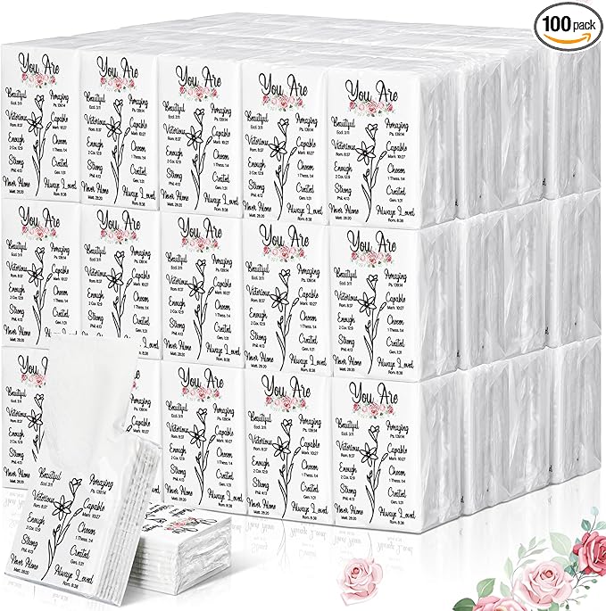 Therwen 100 Pack Pocket Tissues Travel Packs Bulk 1000 Sheet Mini Tissues Bulk 3 Ply Small Travel Size Paper Individual Pocket Size (Inspirational)