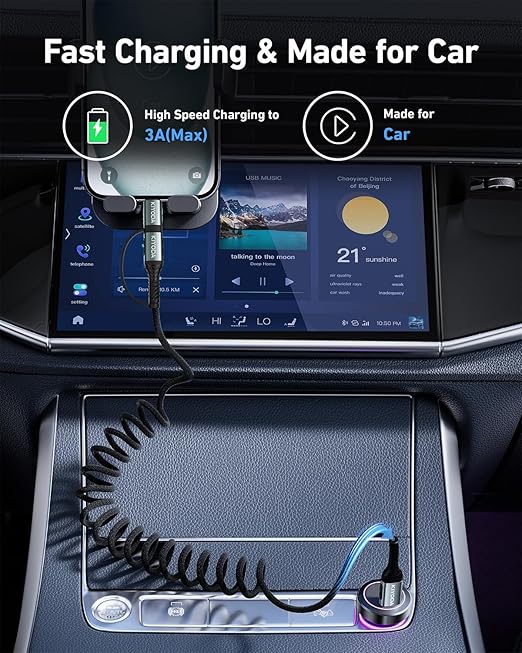 Coiled USB C to Lightning Cable 3FT, 2 in 1 iPhone 15 Charger Cord for Car Nylon Braided Multi Type C to TypeC Fast Charging Cables for iPhone 17 16 15 14 13 12 11 iPad, Samsung Galaxy Sony - 1Pack