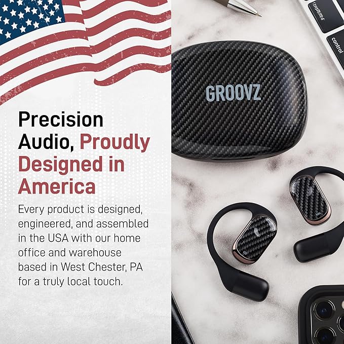 Groovz Open-Ear True Wireless Headphones with Smart Battery Display - Designed and Engineered in The USA - IPX5-Rated Bluetooth Open Ear Earbuds Compatible with Apple & Android - Carbon Fiber