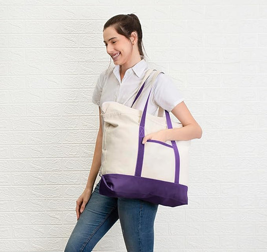 Cotton Canvas Tote Bag with an External Pocket & Top-Zipper Closure For - Gym, Beach, DIY, Work, Travel, Shopping