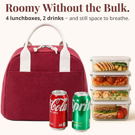 Insulated Lunch Bag for Women Men, Stylish Corduroy Tote Bag with Aluminum Lining, Large Capacity Reusable Cooler for Work, Travel, or Beach, Wine Red Lunch Box