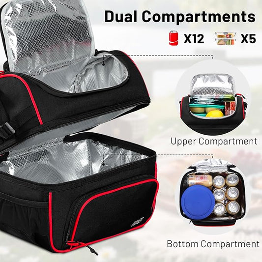 MIER Dual Compartment Lunch Bag Tote with Shoulder Strap for Men and Women Insulated Leakproof Cooler Bag, Black/Red