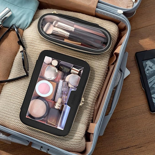 Travel Clear Makeup Bag with Makeup Brush Bag, Leather Makeup Case Toiletry Bag, Portable Cosmetic Bag Case, Transparent Waterproof Cosmetic Organizer Storage Bag for Women, Medium, Black