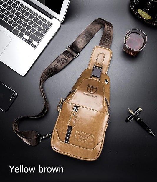 BULLCAPTAIN Genuine Leather Men Sling Backpack Multi Pocket Crossbody Chest Bags Travel Hiking Daypack