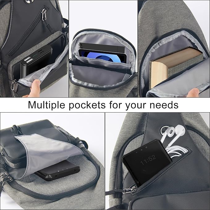 Sling Bag Cross Body Backpack Chest Bag Travel Hiking Daypack (Black Grey)