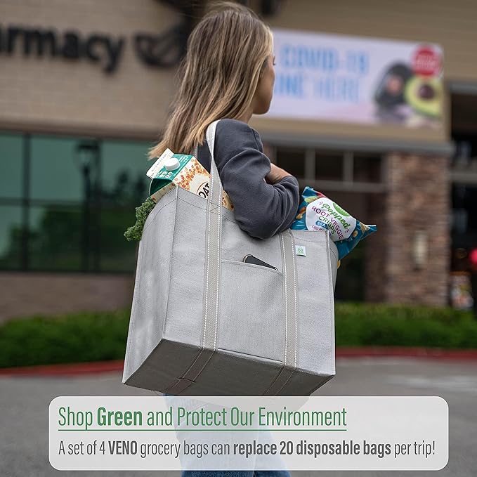 VENO 4 Pack Reusable Grocery Bags, Heavy-Duty Shopping Bags with Handles, Bags for Shopping Cart with Hard Bottom to Stand Upright, Foldable, Multi-Purpose, Sustainable (Beige, 4 Pack)