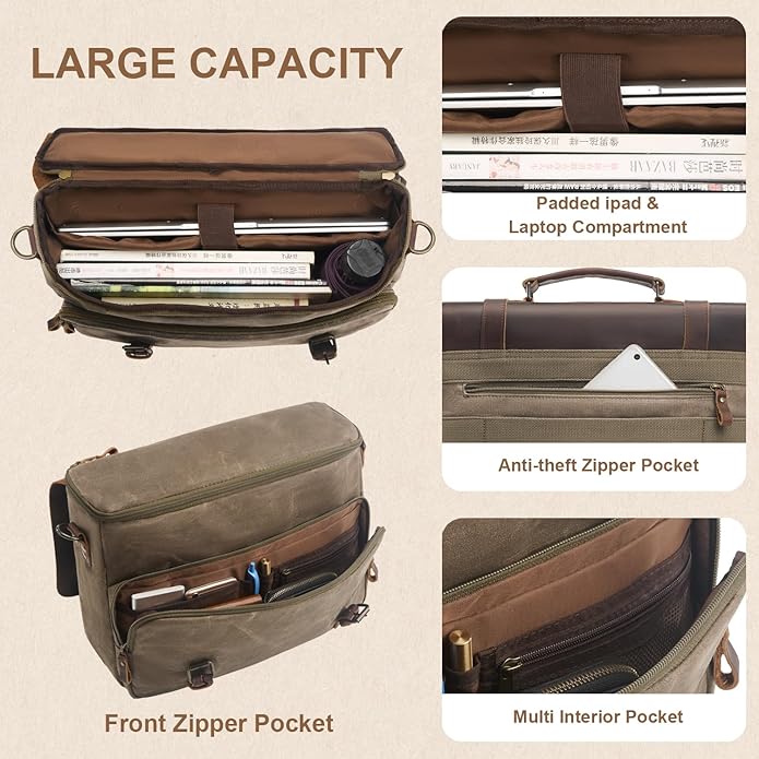 Mens Messenger Bag Waxed Canvas Laptop Briefcase 15.6“ Vintage Genuine Leather Crossbody Bags Waterproof Satchel Shoulder Bag