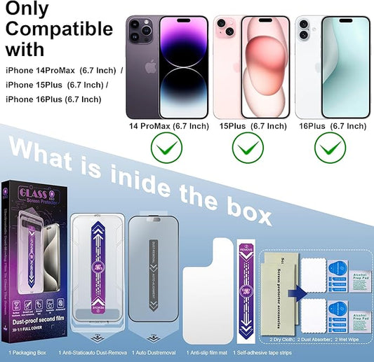 2 Pack Matte Screen Protector for iPhone 16 Plus and iPhone 15 Plus and iPhone 14 Pro Max 6.7-Inch Auto Dust Removal, No Bubbles, Tempered Glass Film, Easy Installation
