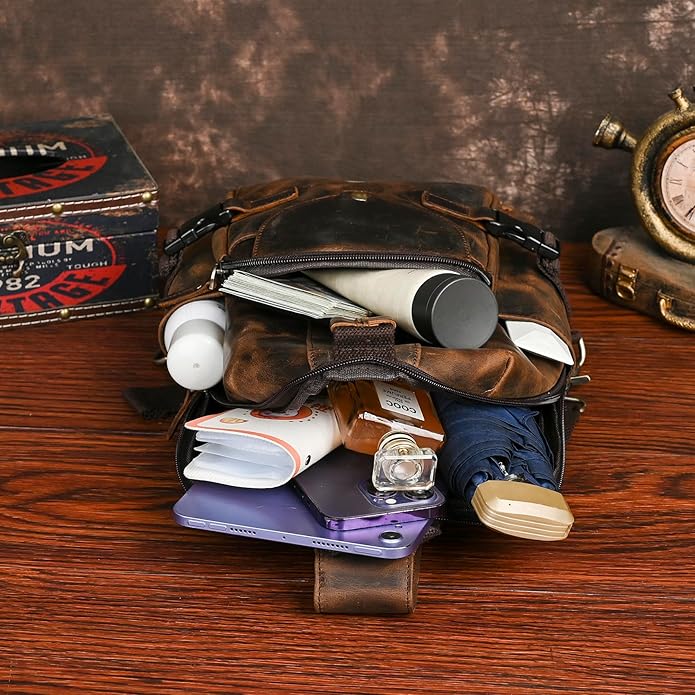 Thick Crazy horse Leather Triangle Crossbody Sling Chest Bag Travel One Shoulder Bag Daypack For Men Male 3028