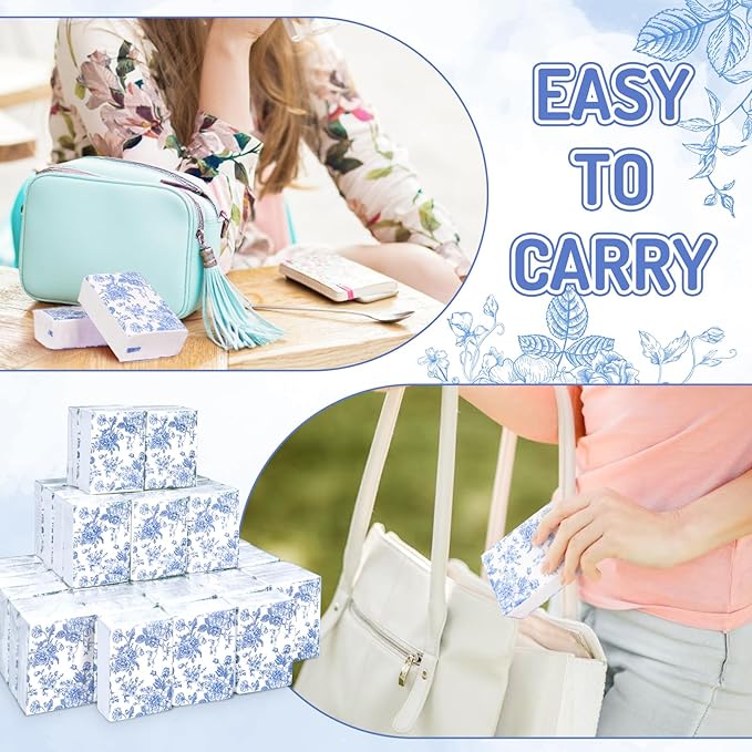 50 Bulk Blue Floral Tissue Packs Vintage Flower Mini Travel Size Facial Tissues Chinoiserie Flower Portable Pocket Tissue for Wedding Party Supplies