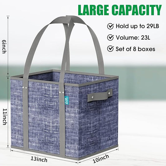 Fab totes Reusable Grocery Bags, Large Foldable Shopping Tote Bags with Reinforced Handles & Hard Bottom,Water Resistant Grocery Bags for kitchen,Picnic,8 Pack,Blue