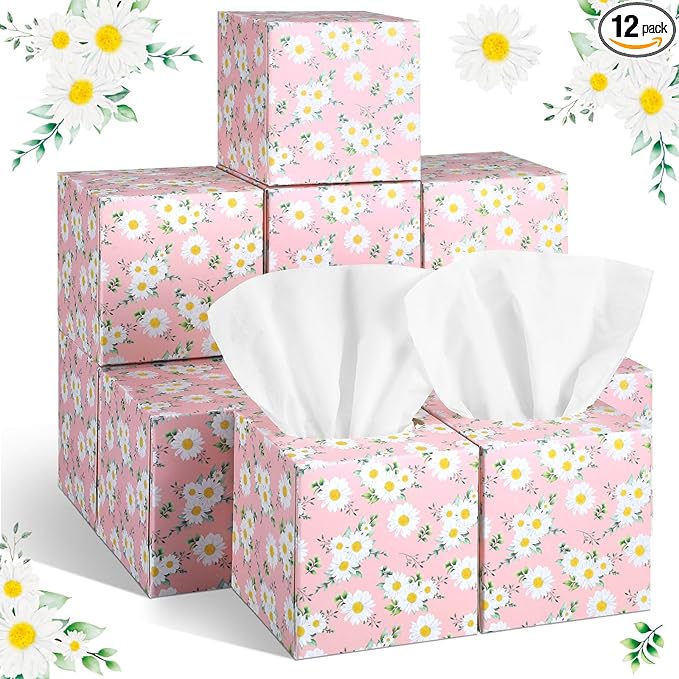 12 Pack Summer Daisies Floral Facial Tissues Cube Boxes 600 Sheets 3 Ply Pink Small Flower Face Tissues Bulk for Summer Car Bedroom Supplies
