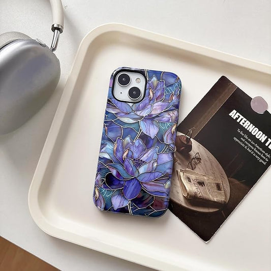 QLTYPRI Flower Case for iPhone 14 Plus/15 Plus, Aesthetic Cute Floral Phone Case for Girls Women, Protective Hybrid 2-Layer Hard Shell Silicone Cover Durable Shockproof Phone Cover - Purple Lotus