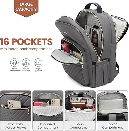 LOVEVOOK Laptop Backpack for Women 18.4 inch,Cute Womens Travel Backpack Purse,Professional Laptop Computer Bag,Waterproof Work Business College Teacher Bag Carry on Backpack with USB Port,Purple Gray