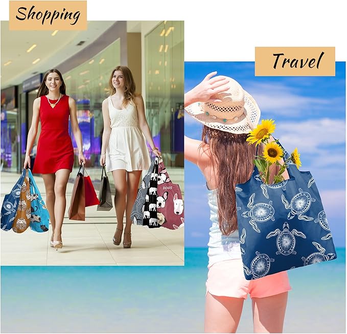 BeeGreen Heavy Duty Bulk Large Reusable Grocery Bags 6 Pack - Foldable Sturdy Recycled Cloth Animal Print Shopping Totes with Handles -Reusable Gifts Bags for Groceries, Travel, Storage & Women