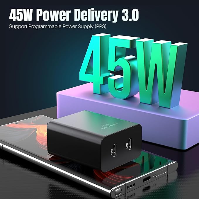 USB C Charging Block Dual Port 45W PD Super Fast Charger Type C Wall Plug Adapter Quick Charge for Galaxy S25/S24/S23/S22/S21/S20/Z Fold 3/4/5/Note20/ iPhone 17,17 Air