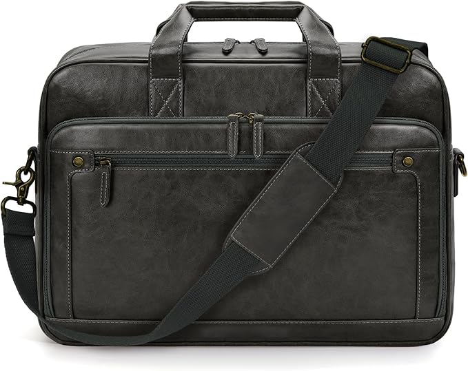 RAINSMORE Mens Laptop Bag 16 Inch Leather Briefcase Vintage Messenger Bag for Men Large Crossbody Shoulder Office Computer Bag Retro College Satchel for Work, Business,Travel, Grey