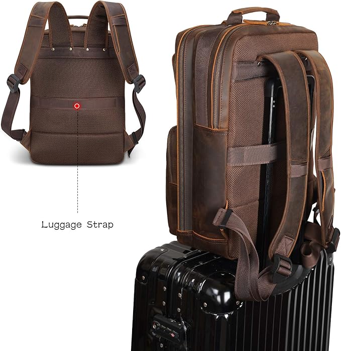 Polare 17.3 Inch Full Grain Leather Backpack for Men and Women Multi Pockets Business Travel Laptop Rucksack (Brown)