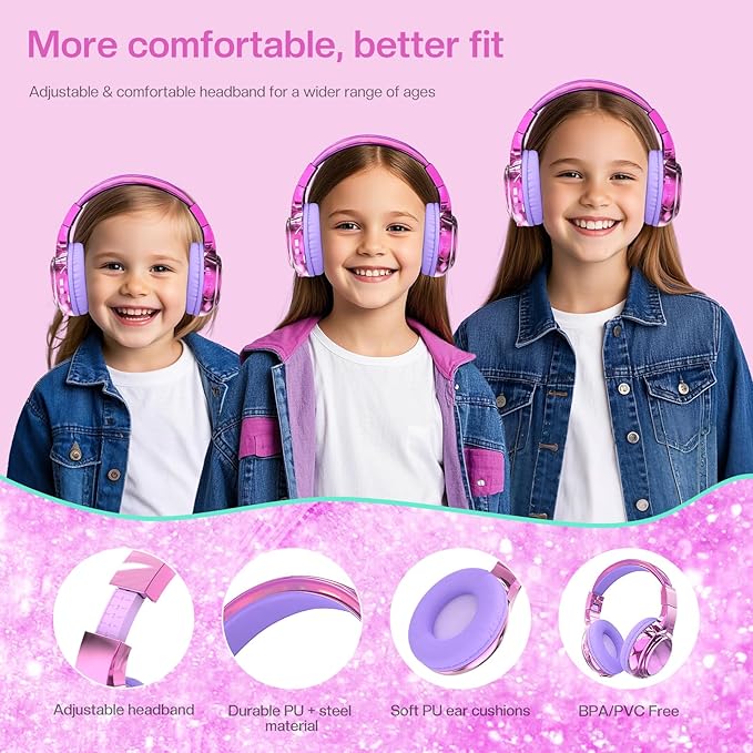 QearFun Kids Bluetooth 5.3 Headphones, Wireless Metallic Gradient Headset, Lightweight Foldable On Ear Headphones with Aux Cord, Fast Charging, Built-in Mic, for School/Travel/Tablet/iPad