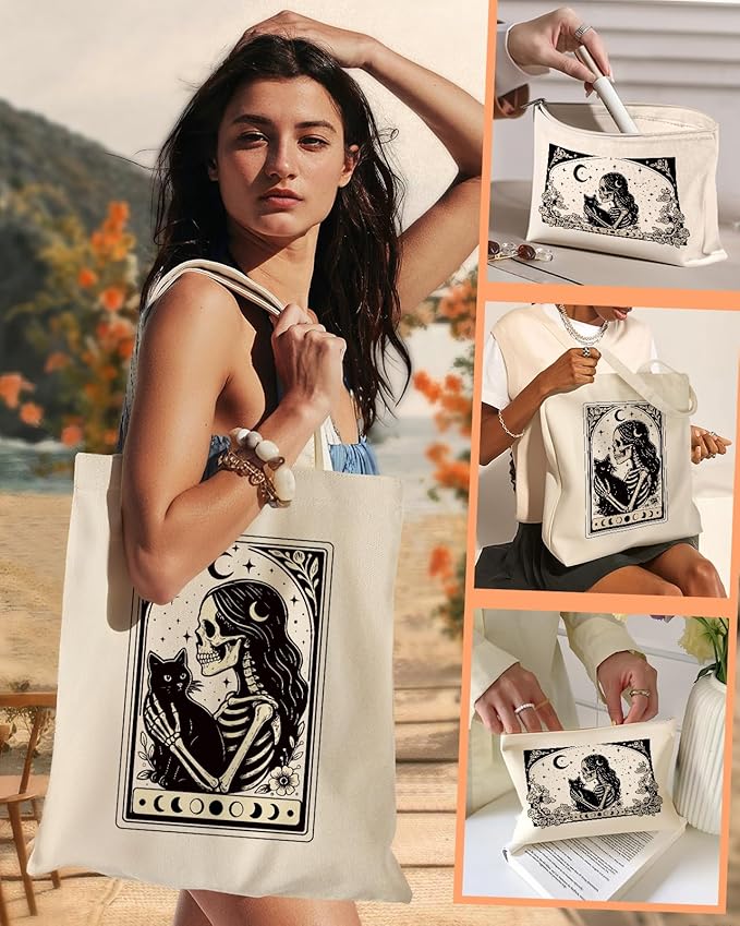 2 Pack Canvas Tote Bag - with Makeup Pouch Aesthetic Cute Women Reusable Canvas Bag for Shopping, Work, Travel